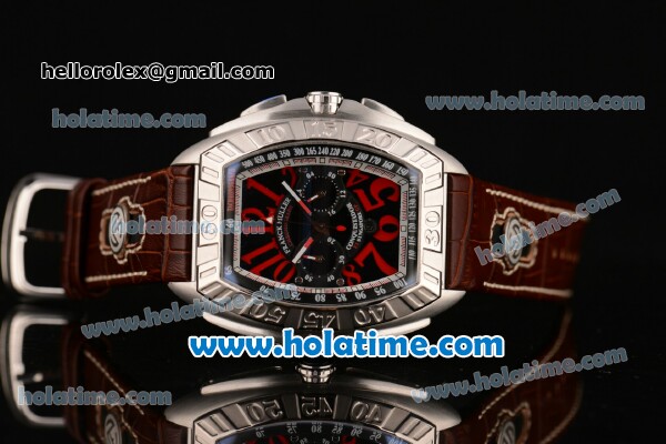 Franck Muller Conquistador Grand Prix Miyota OS20 Quartz Steel Case with Black Dial Red Markers and Brown Leather Bracelet - Click Image to Close